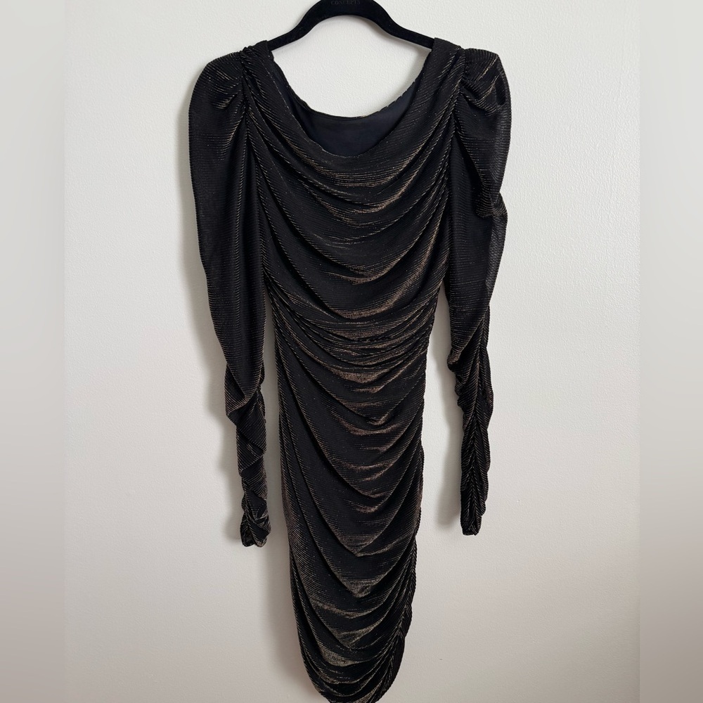 Vintage 80s Scarlett Ruched Black Gold Metallic Mini Dress Long Sleeve Size 5/6 - Picture 6 of 12